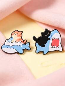 1pc/2pcs Fun Cat Riding Shark Enamel Brooch,Cute Marine Animal Lapel Pin,Creative Cartoon Style,Gift For Friends, Decoration For Backpack,Hat&Clothing - Multicolor - View 4