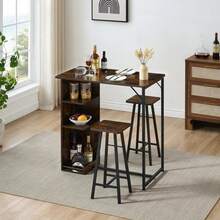 3-Piece Bar Table & Chairs Set For 2 With 3-Tier Storage Shelves – Space-Saving Counter Height Dining Table For Small Apartment, Kitchen, Or Living Room - Retro Color - View 9