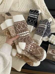 5 Pairs Women's Winter Thick Warm Socks, Rhombus Pattern Mid-Calf Cold-Proof Soft Comfortable Outdoor Knitted Socks - Multicolor - View 1