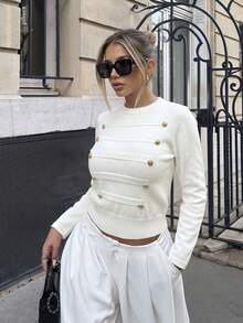 Women's Autumn Outfit: White Knit Round Neck Long Sleeve Top With Metal Buttons, Fashionable Minimalist Style, Suitable For Daily And Work Wear - White - View 8