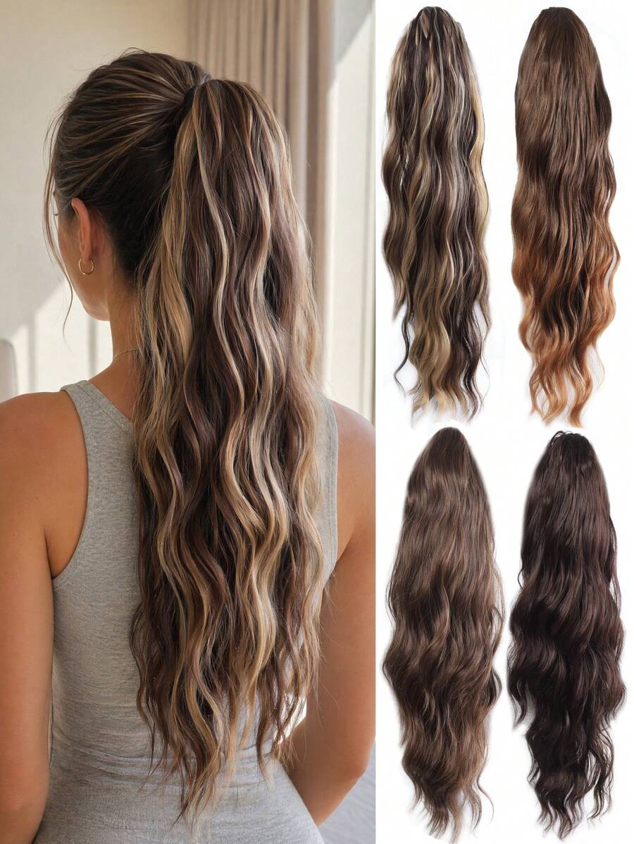 22 Inch Long Synthetic Wavy Ponytail Hair Extension For Women, Fashion Gradient Gold, Burgundy, Black, Brown, Heat-Resistant Material, Clip-In Ponytail For Party And Festival - Multicolor - View 1