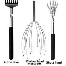 1/3pcs Manual Head Massager (No Battery Required), 12-Finger Massage Tool, Stainless Steel Telescopic Handle Back Scratcher, Relievesiness Without Assistance, Neck And Back Massager, Small Gift For Friends - Multicolor - View 6