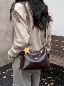 1pc Women's Solid Color PU Shoulder Crossbody Bag, Fashionable Retro Oil Wax Leather Chain Decor Crescent Bag, Suitable For Commuting And Shopping - Coffee Brown - View 6