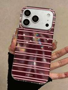 可愛對比色條紋亮面背殼手機殼，適用於 iPhone 18 Pro Max、18 Pro、17 Pro Max、17 Pro、17、16 Pro Max、16 Pro、16、15 Pro Max、14、13、15 Pro、15、14、16 Plus，簡約風格保護殼 - 酒紅色 - 查看 4