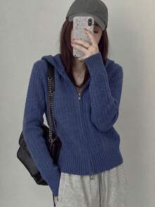 Women's New Knit Hooded Zip-Up Cardigan, Short Length Long Sleeve, Suitable For Autumn/Winter Wear - Blue - View 5