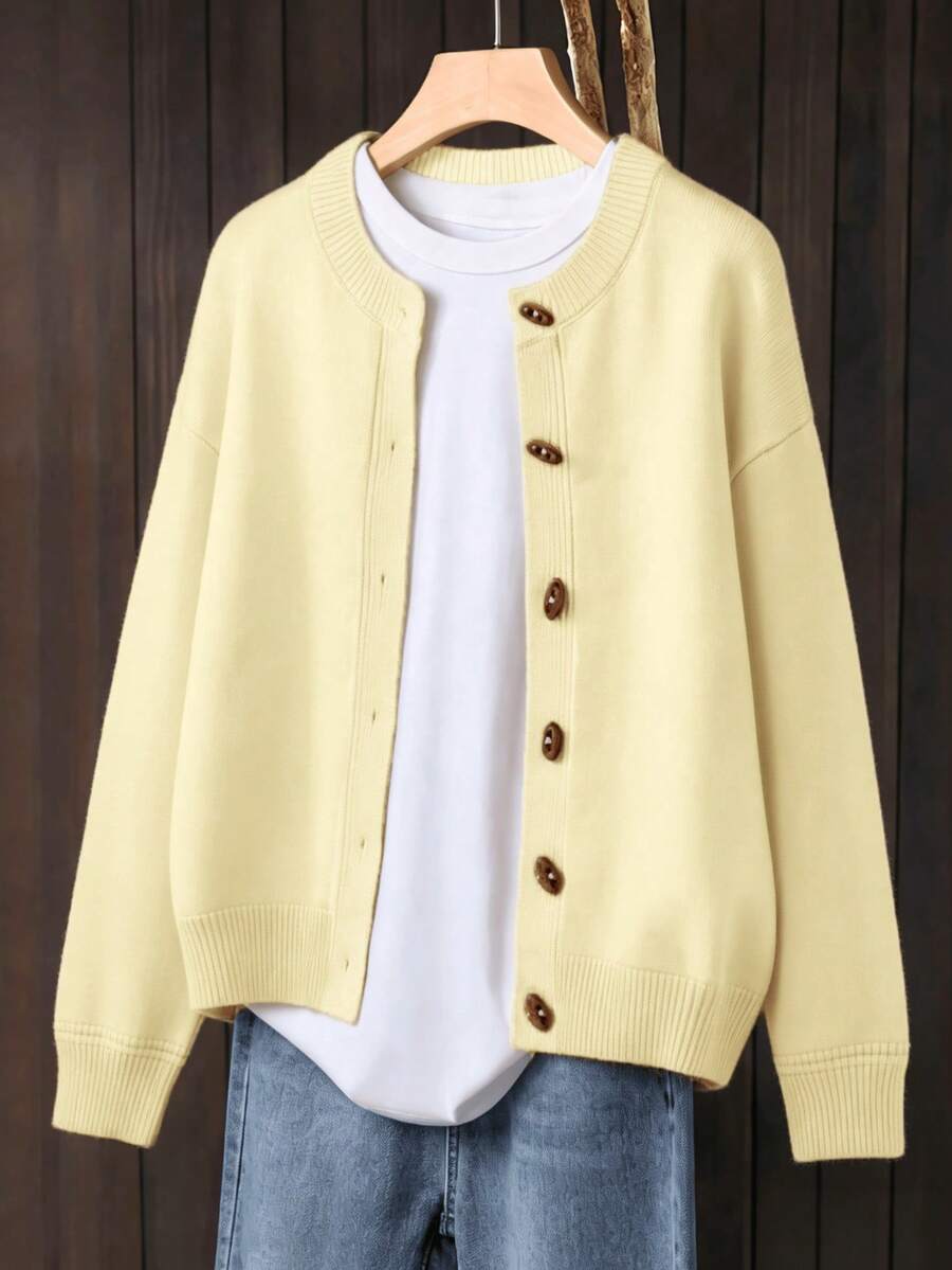 Plus Size Women Fall Winter Knit Cardigan, Crew Neck Button Down Long Sleeve Loose Soft Knit Sweater Jacket With Pockets Casual Daily Outerwear - Pale Yellow - View 1