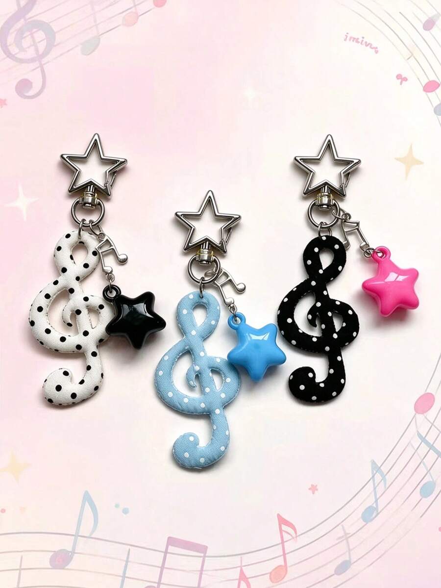1pc Korean Vintage Sweet Polka Dot Fabric Musical Note Keychain, Five-Pointed Star Musical Note (Note: Musical Note Material Is Fabric), Bag Pendant, Suitable For Friends, Family, Valentine's Day Gift, Birthday Gift, Holiday Gift, Party Gift - Multicolor - View 1