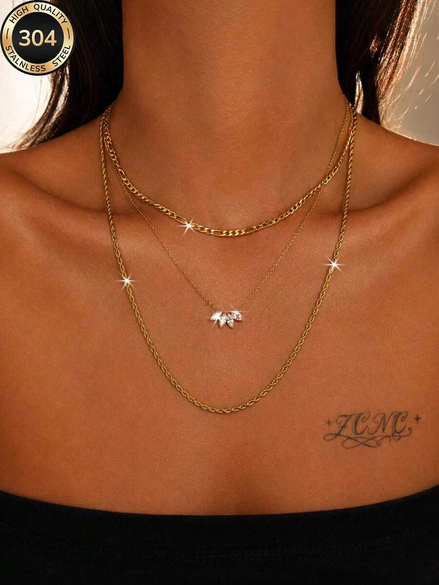 3pcs/Set Women's Premium Versatile Elegant Layered Necklace, Jewelry For Halloween, Christmas Party, New Year's Eve Celebration - Gold - View 1