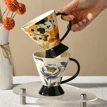 1 Flower Ceramic Coffee Cup, Flower Patterned Conical Ceramic Tea Cup, Black Handle And Base Coffee Drinking Cup, Unique Desktop Decoration, Suitable For Daily Household Use, Office, Friends And Colleagues, Coffee Enthusiasts As A Housewarming Gift - Multicolor - View 10
