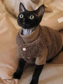 Hairless Cat Warm Vest, Autumn/Winter Lambswool Button-Up Vintage Style, Suitable For Devon Rex, Siamese, Cornish Rex, Abyssinian, Machine Washable - Coffee Brown - View 7