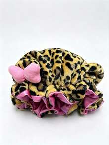 Women Leopard Print Plush Satin Teddy Bonnet-Elastic With Bow, Cute Ear Design Night Hair Wrap For Hair Protection - A - View 11