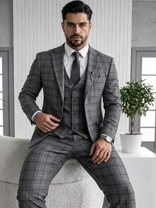 Spring Autumn Men's Formal Suit Vest Trousers Jacket Set Casual Fashion Design Daily Wear 3 Pieces Suit - Dark Grey - View 2