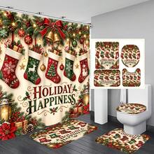 1pc/4pcs Christmas Stocking Pattern Multi-Functional Bathroom Decor Shower Curtain Set Free 12 Hooks Premium Holiday Atmosphere Bathroom Mat U-Shaped Floor Mat And Round Toilet Lid Cover Suitable For All Scenes Decoration Bathroom Set - Christmas Stockings - View 8