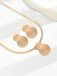 3pcs Necklace & Earrings Jewelry Set For Women, Gold Flat Snake Chain, Geometric Spiral & Circle Pendant Design - Gold - View 2