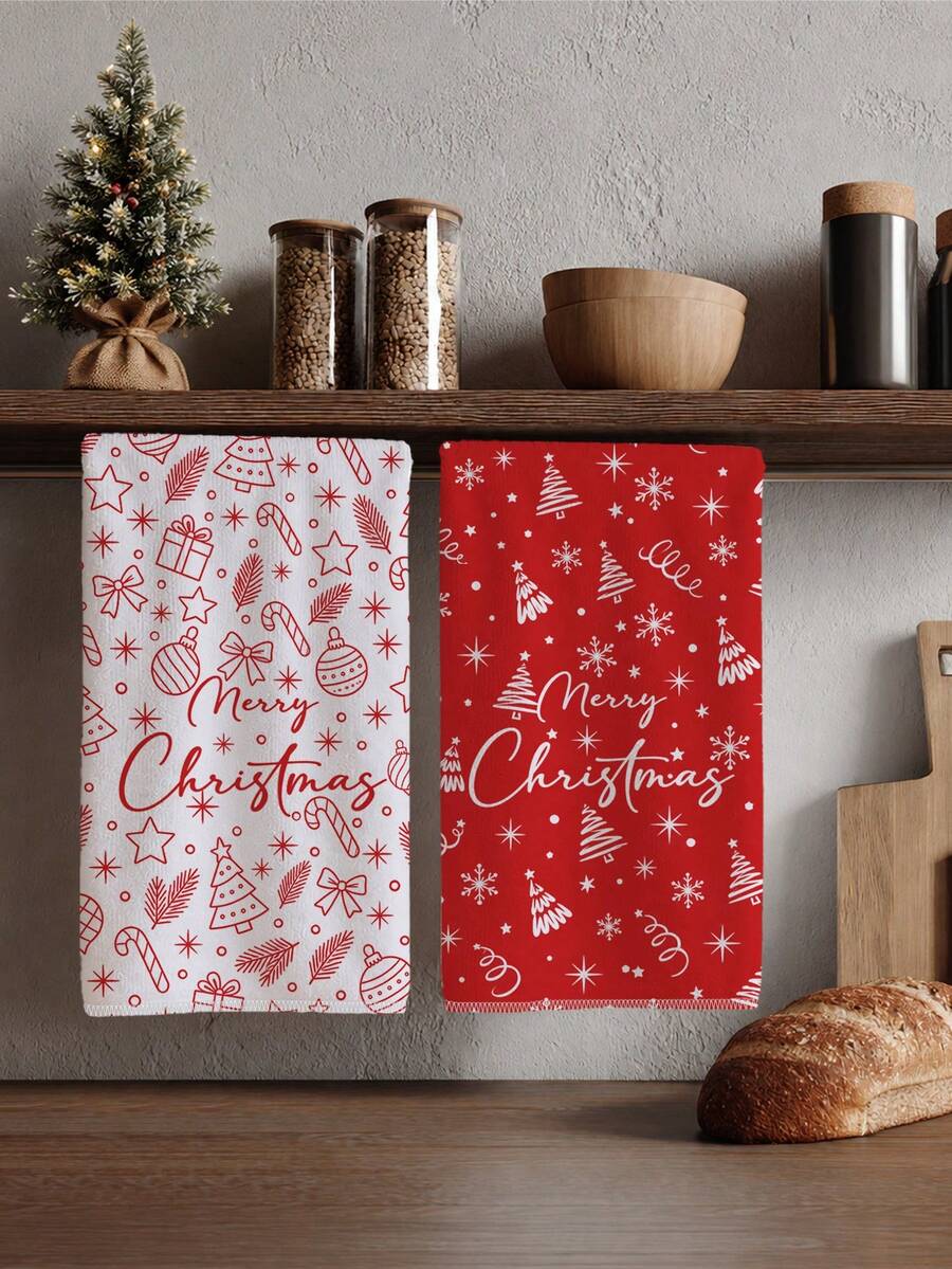 2pcs Minimalist Hand-Drawn Line Cartoon Christmas Element Pattern Kitchen Towels, 40*60cm Soft Microfiber Material Tea Towels, Suitable For Home Kitchen Restaurant Outdoor Camping Tabletop Cleaning Dish Cloth Hand Towel Accessories Christmas Theme Kitchen Towels Holiday Gift Giving - Multicolor - View 1