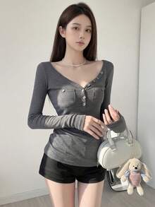 Sexy V-Neck Fitted Long Sleeve Knit Top, Waist-Cinching Inner Layer, Autumn T-Shirt For Women - Dark Grey - View 1