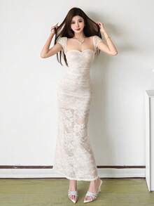 Top Dazzle 優雅白色無袖細肩帶洋裝，女款性感露背修身洋裝，針織蕾絲面料，適合晚宴場合 - 白色 - 查看 1