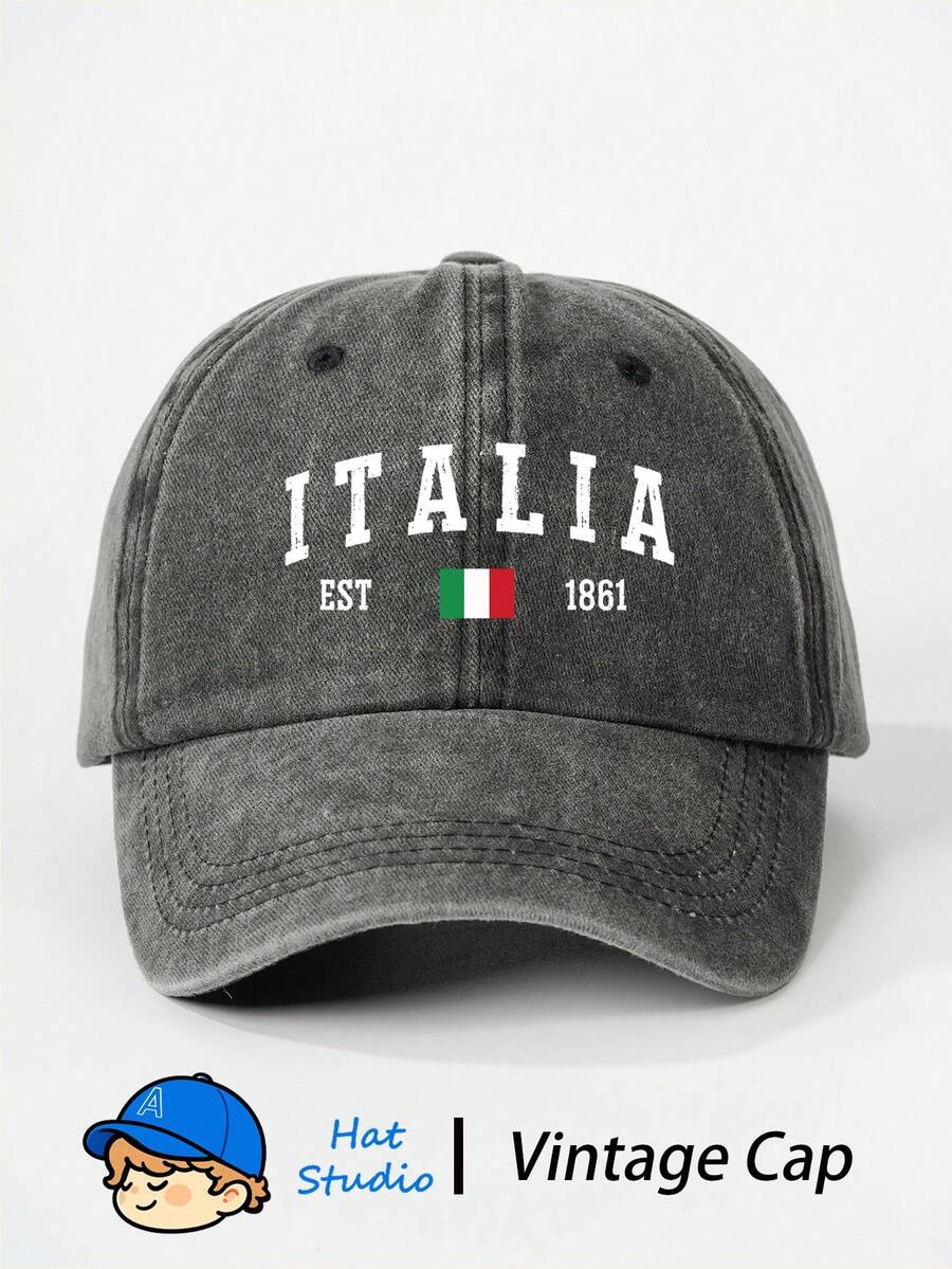 1pc Italian Print Washed Baseball Cap, Classic Casual Fashion Vintage Soft Sweatband Adjustable Size Lightweight Multifunctional Dad Hat, Suitable For Outdoor Sports, Daily Wear, Party, Vacation, Perfect Gift For Family And Friends - Baseball Cap - View 1