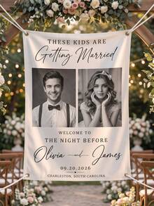 1pc Custom Photo And Text Wedding Welcome Banner, Personalized Rehearsal Dinner Sign, These Getting Married Fabric Banner For Wedding Party Decor - Multicolor - View 2