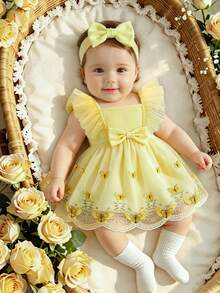Baby Girls' Cute Square Neck Ruffle Sleeveless 3D Bow A-Line Butterfly Mesh Princess Dress, Infant Flutter Sleeve Mesh Dress, Baby Birthday Party Dress, Girls' Summer Flutter Sleeve Mesh Dress, Baby 1st Birthday Party Dress, Toddler Clothing, Photo Shoot Dress, Spring/Summer, Suitable For 1st Birthday Party, 100 Days Celebration, Birthday Party, Daily Wear, Outings, Photo Shoots, Play - Yellow - View 4