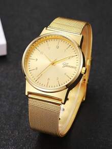 Jam Tangan Quartz Digital dengan Tali Jala untuk Wanita - Emas - View 4