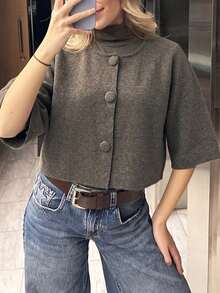 Women's Fashion Knitted Short Cardigan, 3/4 Sleeve, Regular Sleeve Length, Button Detail, Regular Hem, Autumn Essential - Maroon - View 3