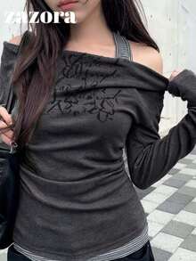 Korean Style Halter Neck Cold Shoulder Printed 2 In 1 Long Sleeve T-Shirt Top - Grey - View 3