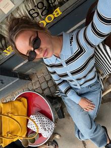 Fall/Winter Vintage Lapel Knit Cardigan Women Business Color Block Striped Minimalist Elegant Sweater - Blue - View 8