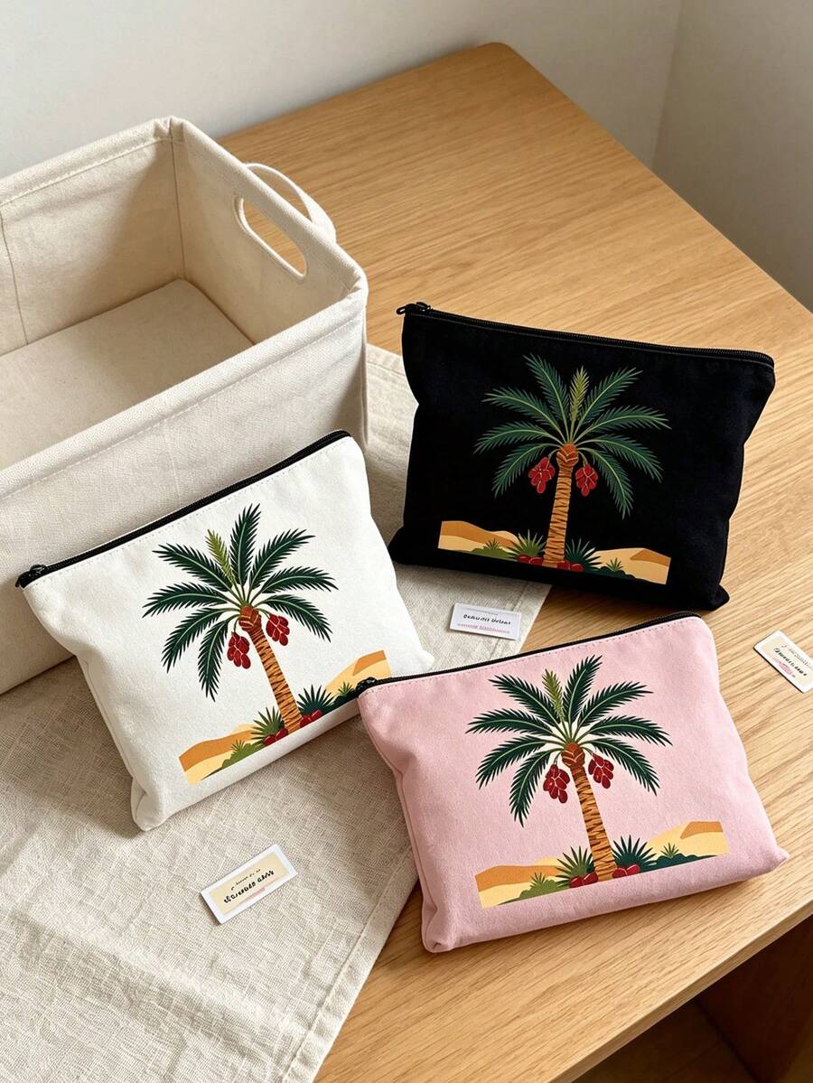 Date Palm Tree Print Makeup Bag, Portable Zipper Cosmetic Pouch, Desert Style Travel Toiletry Storage Bag For Women,Middle Eastern Style,Boho Desert Pattern,Arabic Style, Lightweight, Multi‑Purpose, Gift For Her, Daily Cosmetic Storage - Multicolor - View 1
