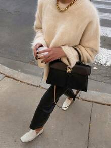 Women's Fashion High-End Solid Color Casual Loose Soft Fluffy Texture Drop Shoulder Round Neck Autumn/Winter Pullover Sweater - Beige - View 7