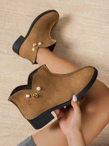 Women's Autumn/Winter New Brown Luxury Fashion Versatile Ankle Boots, Round Toe Pearl Decor Vacation Commute Western Style Retro Ankle Boots - Brown - View 1