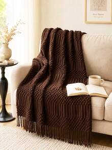 1pc Solid Color Knitted Blanket, Nordic Style Tassel Design Soft Blanket, Office Nap Blanket, Bed Cover, Sofa Throw, Suitable For Daily Use - Bubble Towel Coffee - View 7