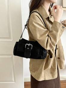 Women's Fashion Sweet Flap Underarm Bag, Korean Style Fresh Rivet Buckle Strap Square Bag, Pleated Design, Large Capacity - Black - View 3