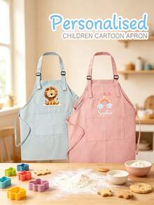 1 Personalized Apron Custom Name Birthday Party Decor, Cream Color In Soft Tones. Adjustable Straps, Durable Polyester Kitchen Apron For Cooking, Baking, Halloween Costume Ideal Gift For Birthdays Or Hallowe'en, Chef Apparel With Cartoon Lion - Multicolor - View 1