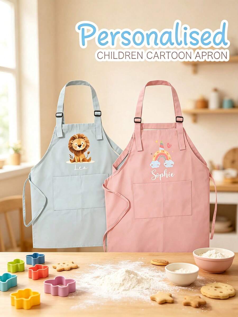 1 Personalized Apron Custom Name Birthday Party Decor, Cream Color In Soft Tones. Adjustable Straps, Durable Polyester Kitchen Apron For Cooking, Baking, Halloween Costume Ideal Gift For Birthdays Or Hallowe'en, Chef Apparel With Cartoon Lion - Multicolor - View 1