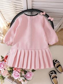 Girls' Elegant Lady Style Pink Tweed Long Sleeve Dress, Spring/Autumn - Pink - View 2
