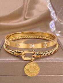 2pcsGold-Tone Stainless Steel Bangle With Exquisite Snowflake Charm, Romantic Vibe & Gentle Winter Texture - Gold - View 7