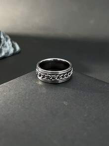 Street Hip-Hop Men Ring, Stainless Steel, Rotatable Chain Texture Band, Cool Jewelry For Men Daily Wear - Silver - View 5