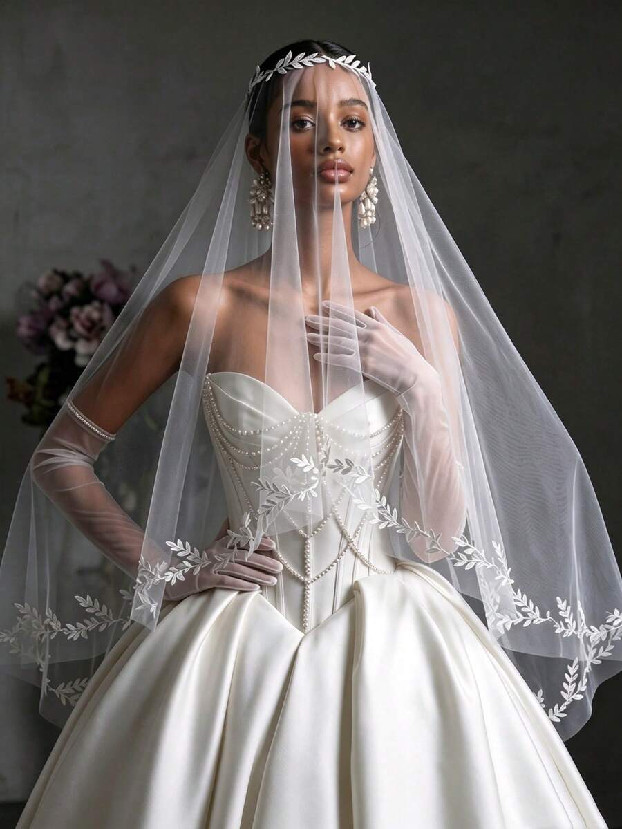 1PC Leaf Embroidered Tulle Bridal Veil, 2 In 1 Wearable Wedding Veil & Cape Shawl, White Lace Edge Bridal Cape For Wedding Ceremony Photoshoot