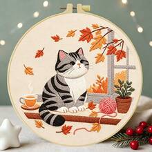 1PC 15*15cm/5.9*5.9in 20*20cm/7.9*7.9in,Cats And Hedgehogs In Autumn Embroidery Kit, DIY Handmade Embroidery Set For Adult Beginners, Home Gift, Women's Sewing Gift, Including User Manual, Printed Pattern Fabric, Embroidery Frame, Needle And Thread. - 20X20CM - View 15