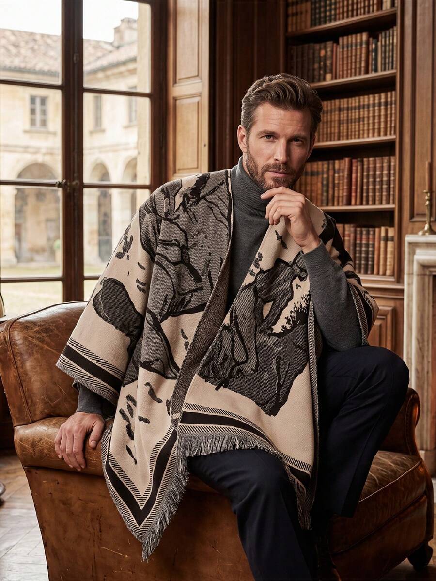 Men's Vintage Sketch Portrait Jacquard Knit Cardigan Poncho Shawl, Autumn/Winter Warm Blanket-Style Outerwear With Tassel Hem, Casual Split Jacket "Poncho" - Multicolor - View 1