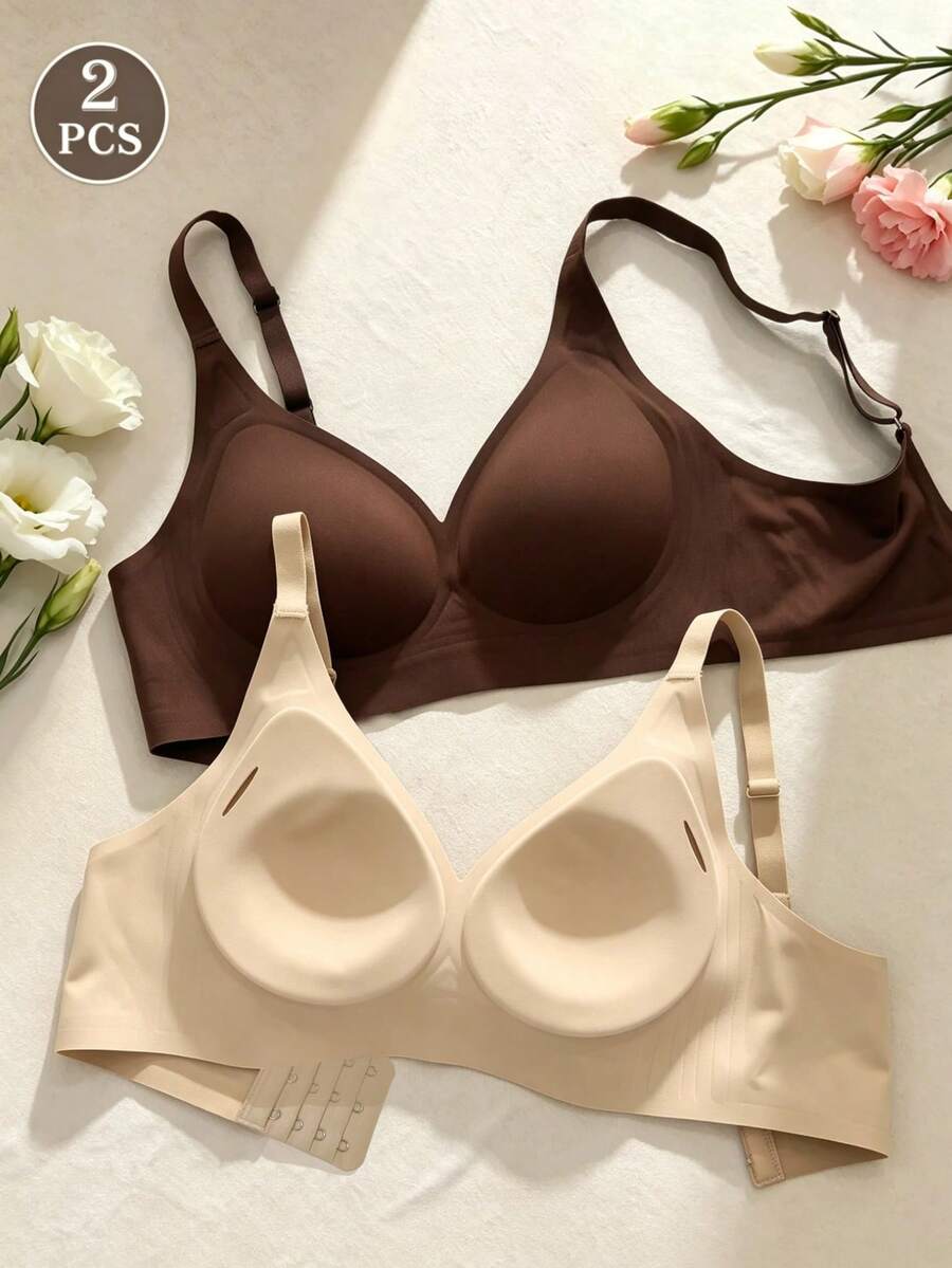 2pcs/Set Women's Seamless Thin Lightweight Wireless Bra, Soft Cup, Natural Lift Elastic Invisible Underwear, Breathable, Suitable For Daily Wear - Multicolor - View 1