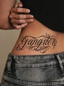 1 Sheet Ornate Chicano Script Temporary Tattoo, Decorative Swirl Lettering Word Fake Tattoo Sticker, Cool Pattern For Hip Upper Arm Back, Waterproof For Ladies - Black - View 4