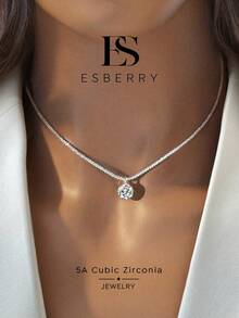 ESBERRY 1件裝閃亮圓形立方鋯石吊墜項鍊，珠寶，優雅女性禮物，適合日常配戴 - 圓鋯項鍊 - 查看 2