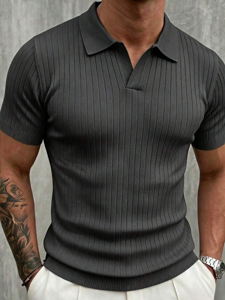 Men's Classic Ribbed Knit Polo Short Sleeve Shirt, Solid Color, Suitable For Summer Outings, Fashionable Essential Item