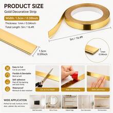 Self Adhesive PVC Gold Decorative Trim Strip, 1.5cm X 5m Metallic Mirror Finish Molding Tape, Flexible Peel And Stick Wall Border Line For DIY Home Decor, Furniture, Cabinet, Mirror Frame - Multicolor - View 2