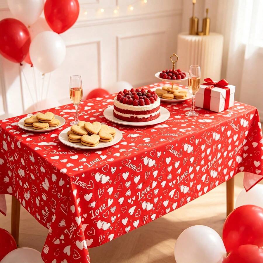 1pc Valentine's Day Red Hand Drawn Heart Tablecloth, Rectangular Disposable Table Cover For Romantic Party Decor For Wedding, Anniversary, Valentine Party Decor - Multicolor - View 1