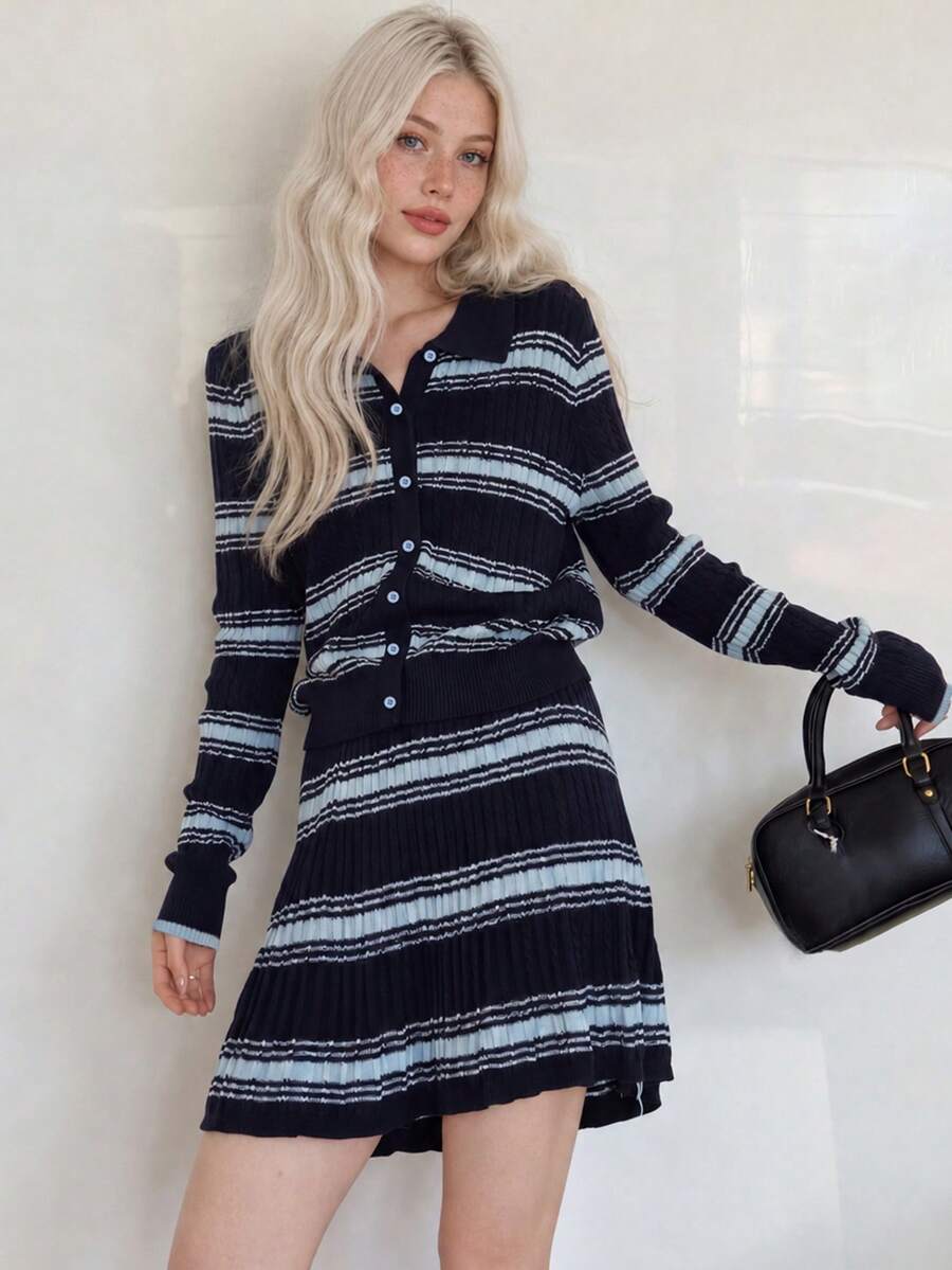 Women's New Autumn/Winter Minimalist Striped Sweater Cardigan And Skirt 2 Pieces Set - Navy Blue - View 1