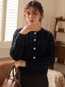 Knit Mix Elegant Women's French Style Autumn/Winter Knit Cardigan, Casual Daily Home Basic Outerwear Black Fall - Black - View 4