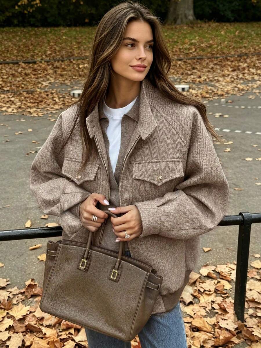 Autumn/Winter High-End Herringbone Flap Pocket Stand Collar Retro Style Daily Commute Slimming Jacket